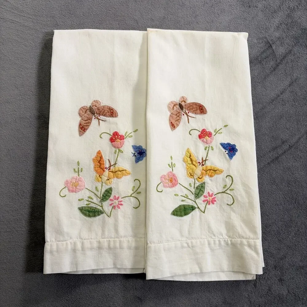 2 Vintage Floral Hand Embroidery Appliqué Cotton Guest Towels - Butterflies